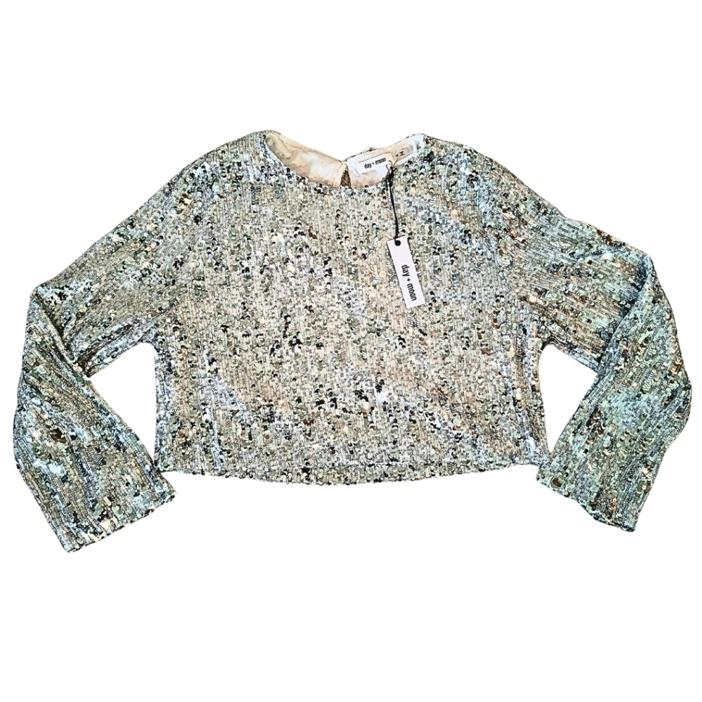 Day + Moon Silver Sequin Crop Top Long Sleeve Metallic Party Size M